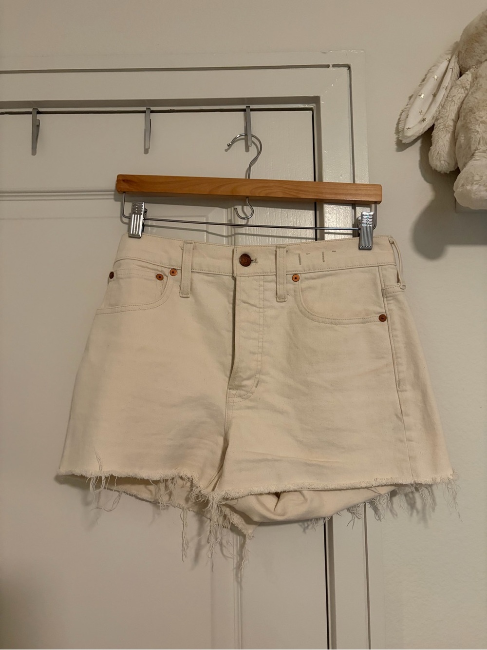Madewell Cream High-Rise Distressed Denim Shorts